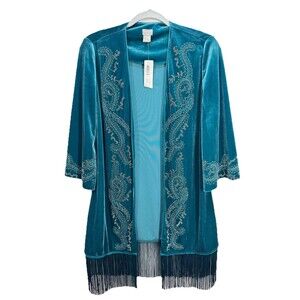 Chicos Travelers Velvet Fringe Jacket 00 (XS/2) Teal Embellished Open Cardigan